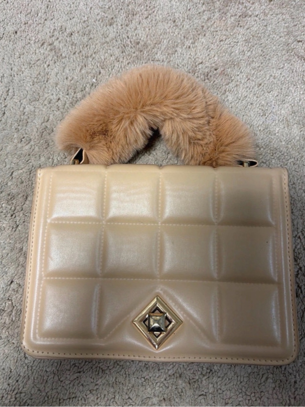 Nicci Beige Quilted Faux-Leather Top-Handle Bag with Fur Accent